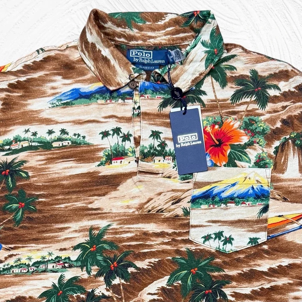 Polo Ralph‎ Lauren Hawaiian Scenic Aloha Polo Cotton Linen Classic Fit Med $168